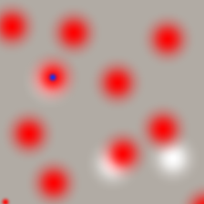 Custom image of red and white shapes on grey background, with blue dot within one red shape, that successfully bypassed neural network authentication with 0.99 score
