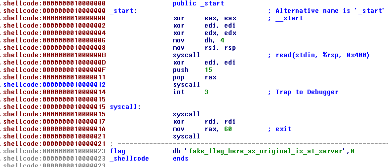 IDA screenshot showing disassembled binary code with syscalls to read() and rt_sigreturn()