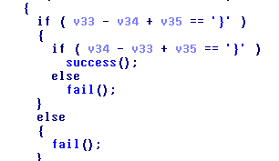 Screenshot of decompiled code checking for success() or fail() functions