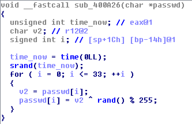Screenshot of sub_400A26() decryption function using time() and rand()