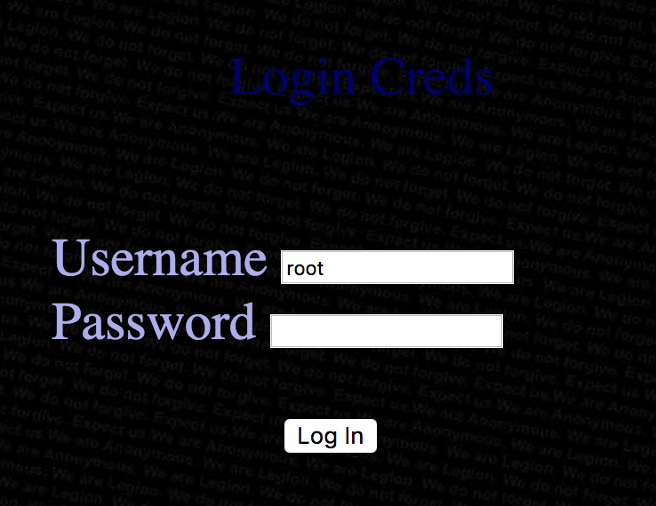 Submitted form with username as 'root'