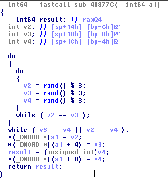 Screenshot of sub_40877C() function writing random numbers to array