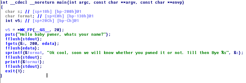 Code snippet showing decompiled main() function with vulnerable printf() and fflush() calls