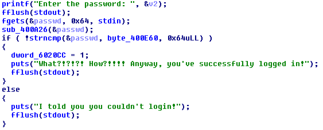 Screenshot of decompiled function calling sub_400A26()