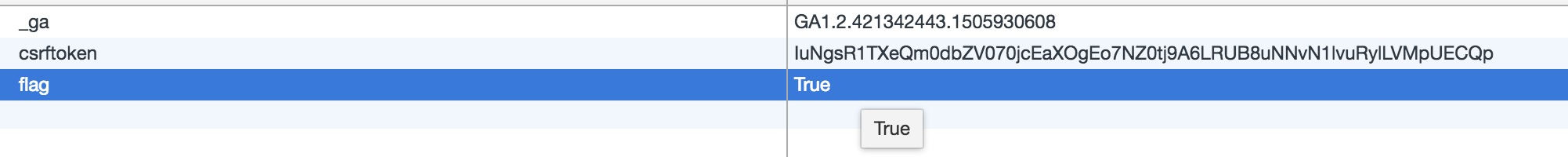 Screenshot of cookie named 'flag' with true value