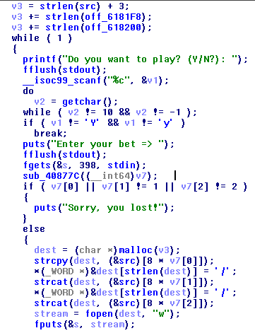 Screenshot of decompiled function checking for sub_40877C() function